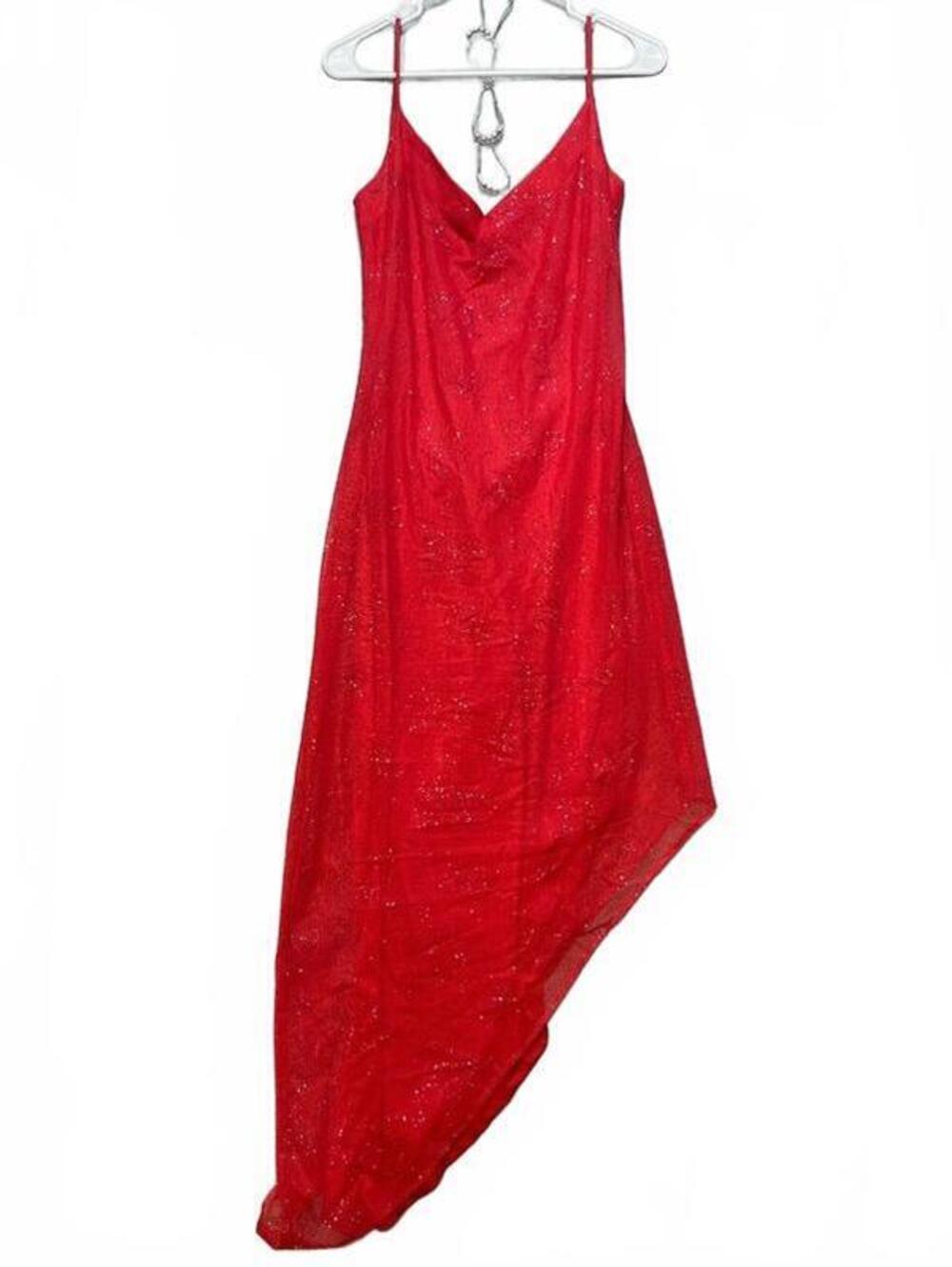 Morgan and Co Linda Bernell Vintage Red Glitter Asymmetrical Mesh Dress No Size